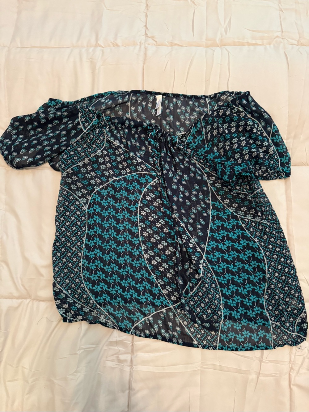Xhilaration Teal & Black Patterned Short-Sleeve Blouse